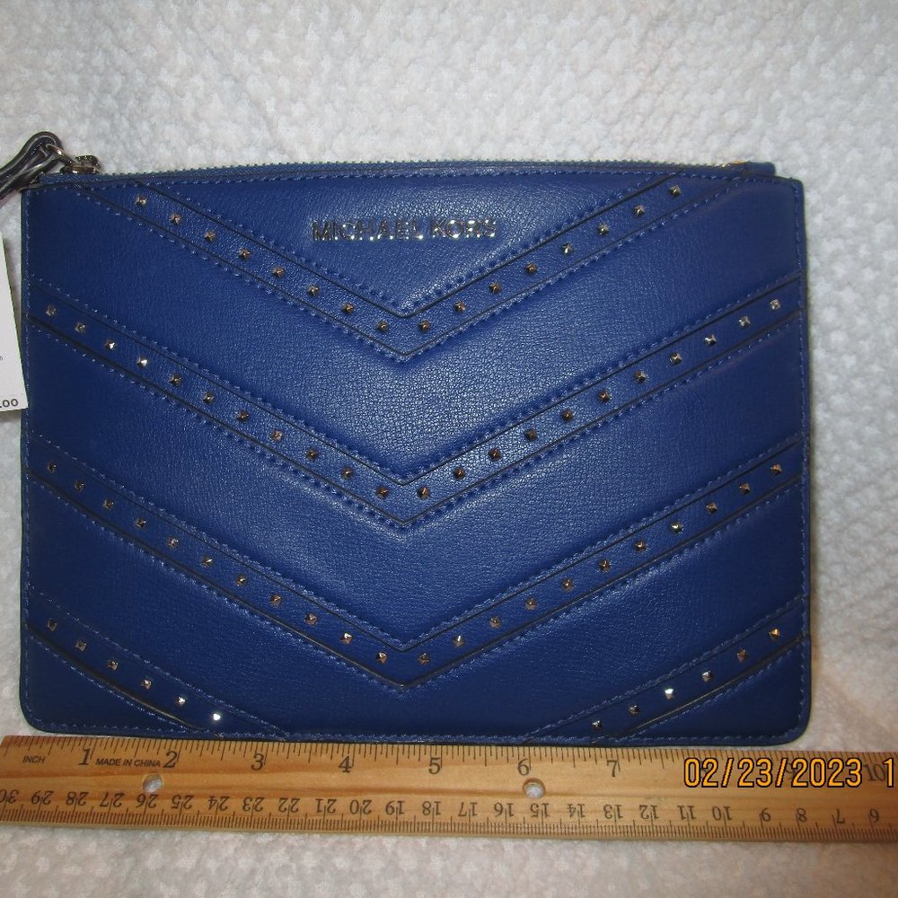 MICHAEL KORS XL ELLIS LEATHER COBALT CLUTCH WITH SILVER STUDS NWT